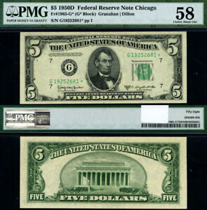 FR. 1965 G* $5 1950-D Federal Reserve Note Chicago G-* Block Choice PMG AU58 Sta