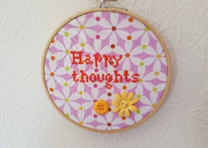 Hand Embroidered Hanging Hoop Art. Motivational Words 5" Diameter New - Picture 1 of 4