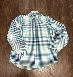 Express Mens Dress Shirt White Blue Plaid Fitted Long Sleeve Cotton XL 17-17.5 - Picture 1 of 8