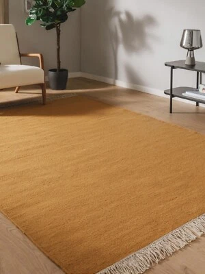 Mustard Wool Rug Solid Yellow Modern Scandinavian Handmade Area Rug Kilim Boho - Image 1 of 4