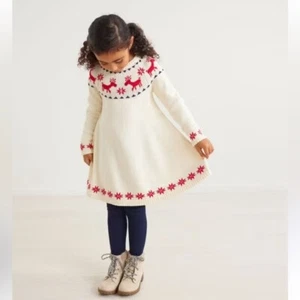 Hanna Anderson Youth Beige Reindeer Christmas Sweater Dress Size US 4 Wool Blend - Picture 1 of 7