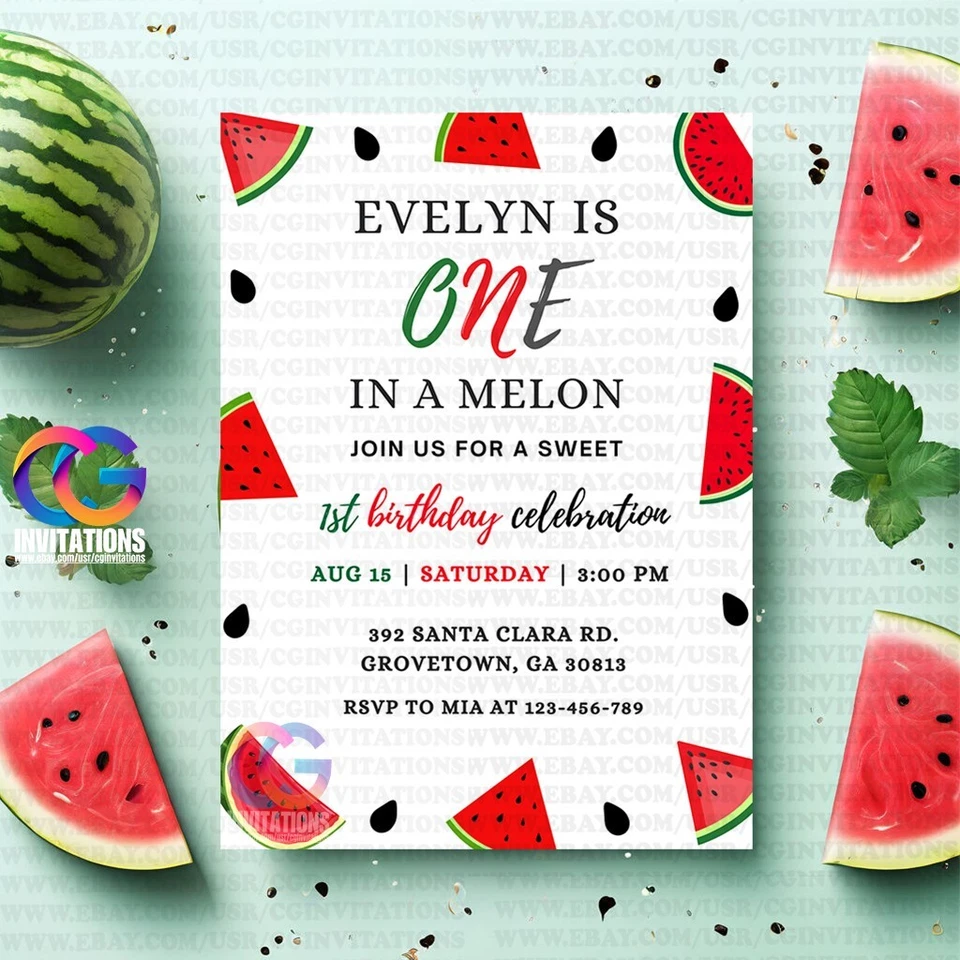 EDITABLE Invitación de Cumpleaños Sandía Blanca y Negra, una en Plantilla de Melón Foto 1 de 4
