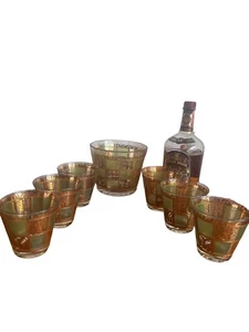 MCM Green Culver 22k Gold Ice Bucket And  Lowball Rocks Whiskey Glasses Signed - Picture 1 of 14