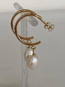 Sterling Silver 925 Gold Plated Pearl Drop Dangle Hoop Earrings 43mm - Picture 1 of 9