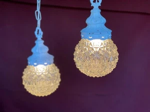 Vintage Swag Ceiling Lamp Pair, Chandelier Hollywood Regency Glass Fixture Pair - Picture 1 of 24