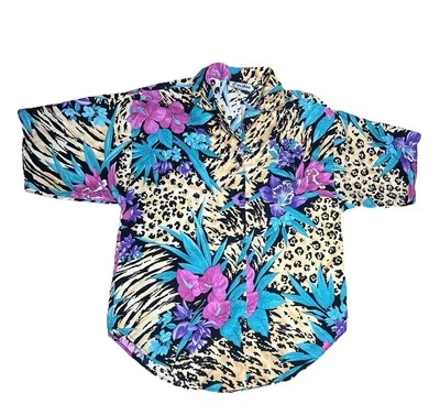 Camisa de campamento vintage Caribou para mujer talla mediana años 80 90 estampado floral tropical animal Foto 1 de 4