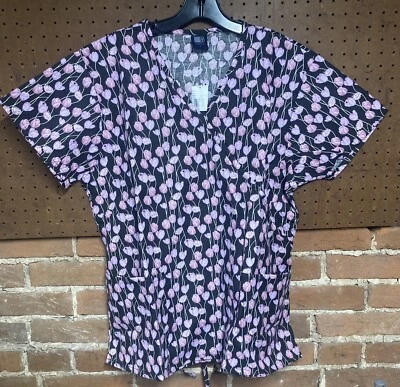Medgear Spring Tulips Scrub Top Size Medium V-Neck New With Tags - Image 1 of 2