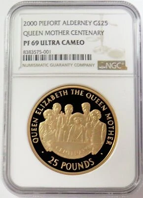 2000 GOLD 100 MINTED ALDERNEY 25 POUNDS PIEDFORT QUEEN CENTENARY NGC PROOF 69 UC - Image 1 of 2