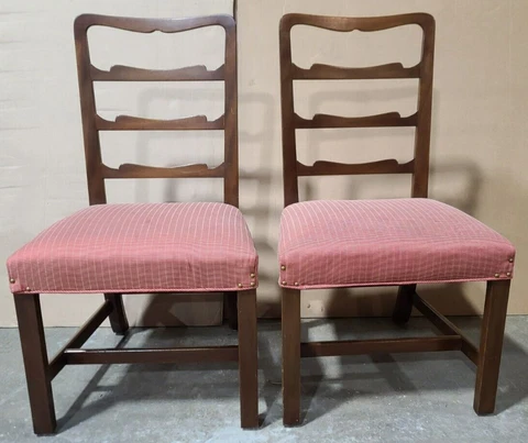 Pair of Kittinger Williamsburg Mahogany Ladderback Dining Chairs CW137 Red Check Cover