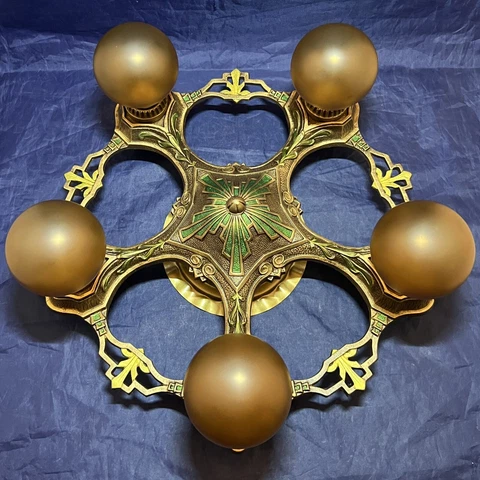 1930’s Art Deco semi flush mount five light ceiling fixture KB Cover