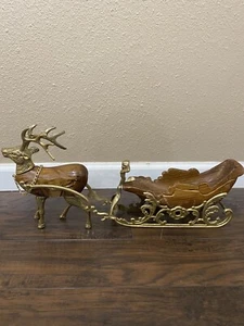 VTG Christmas Around the World Brass Wood Reindeer Santa’s Sleigh Sled Decor - Picture 1 of 19
