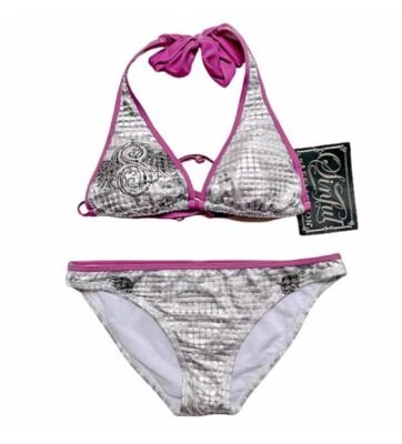 Bikini para mujer Sinful by Affliction "Legendary" estrás metálico plateado nuevo con etiquetas Foto 1 de 4