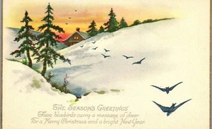 Christmas Postcard Bluebirds Carry A Message Of Cheer Snowy Cottage Watercolor - Picture 1 of 3