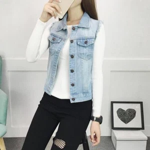 Girl Woman Sleeveless Holes Metal Buttons Casual Blue Jeans Denim Mini Vest Tops - Picture 1 of 12