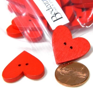 5 Big 1 inch Red Wooden Flat Wood Heart 2 Hole Sew On Love Buttons Jewelry Links - Picture 1 of 1