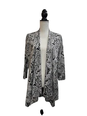 Cárdigan Suéter Marca Slinky Para Mujer Mediano Blanco Negro Estampado Paisley Frente Abierto Foto 1 de 4