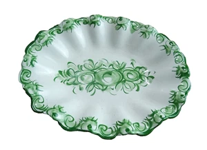 Vestal 37 Portugal Pottery Hand Painted Fluted Gree/Floral Dish 8 1/2" X 7" Vtg. - Picture 1 of 7