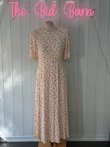 M&S Dress Size 10 Ladies Cream Pink Polka Dot Maxi Puff Sleeve Ditsy Summer BNWT - Picture 1 of 6