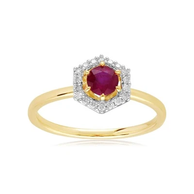 Simulated Red Ruby & White Moissanite Women Halo Style Ring In 10K Yellow Gold - Image 1 of 4