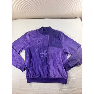 Blusa moletom feminina de veludo roxo floral patchwork gola simulada - Imagem 1 de 4
