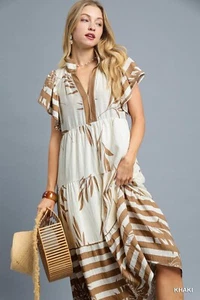 Umgee Women's Tropical Floral Ruffle Sleeve Tiered Midi Dress in Khaki/Cream - Picture 1 of 5