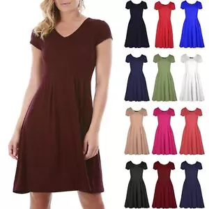 Womens Cap Sleeve Flared Top Ladies Party Franki V Neck Swing Mini Skater Dress - Picture 1 of 30