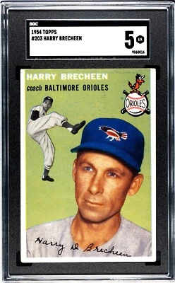 1954 TOPPS #203 HARRY BRECHEEN SGC 5 EX BALTIMORE ORIOLES BEST PRICE ON EBAY - Image 1 of 2