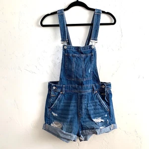 Divided by H&M women's distressed dark wash blue denim bib overall shorts size 6 - Picture 1 of 10