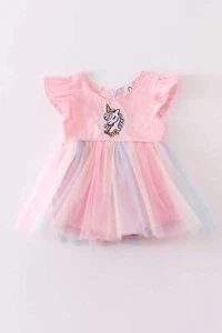 Girl's Boutique Rainbow Unicorn Ruffle Embroidered Bubble Romper Dress - Picture 1 of 11