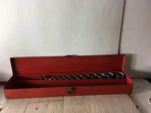 Vintage Klein Tools 13 Piece 3/8 Inch Drive Socket Set In Red Metal Tool Box - Picture 1 of 12