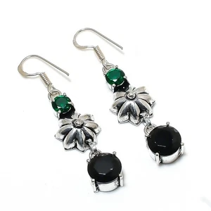Black Spinel, Diopside Gemstone 925 Sterling Silver Jewelry Earring 2.17" - Picture 1 of 5