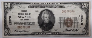 1929 Nat'l Currency $20 Note Lincoln Nat'l Bank Newark Ch. 12570 VF/EF - Picture 1 of 2
