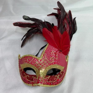 Feather Masquerade Mask Costume Party Mask Red Gold Venetian Halloween Women - Picture 1 of 4