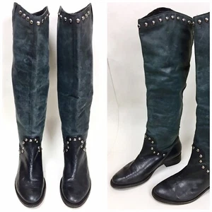 Pour La Victoire Womens Size 7 Black Distressed Leather Riding Boots Studded - Picture 1 of 11