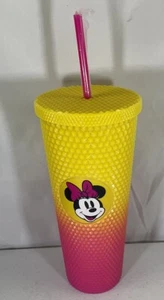 Disney Minnie Mouse Neon Pink And Yellow Drink Tumbler W/ Screw On Top And Straw - Picture 1 of 6