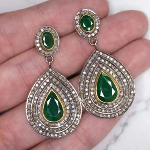 NATURAL DIAMOND EMERALD EARRINGS STATEMENT DROP DANGLE PEAR TEARDROP GREEN BIG - Picture 1 of 2