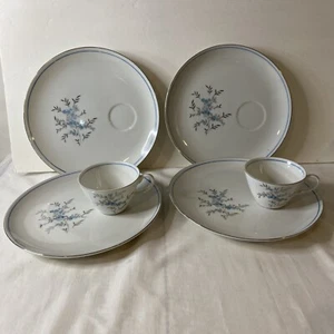 Yamaka Fine China Japan.2 Floral Teacups with 4 Plates (10") Bue/Pink & Silver - Picture 1 of 14