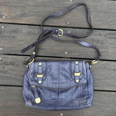 Bolso Bandolera Bolso de Hombro Cartera B Makowsky Cuero Azul Púrpura con Interior de Leopardo Foto 1 de 4