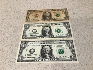 1993 $1 Web Note FRN BH Block 1/9 ~ 3 Consecutive Notes B23388271 - 73H - Picture 1 of 7