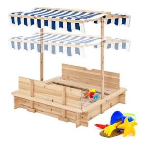 Costway Kids Wooden Sandbox w/ Foldable Bench Seats & Canopy for Sand Storage - Picture 1 of 8