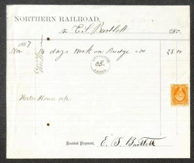 USA R6c REVENUE STAMP NORTHERN RAILROAD RECEIPT OF PAYMENT BRIDGE WORK 1867 - Image 1 of 3