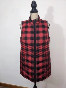 J. Jill Buffalo Plaid Goose Down Mid Length Puffer Vest Red Black Sz Small $149 - Picture 1 of 8