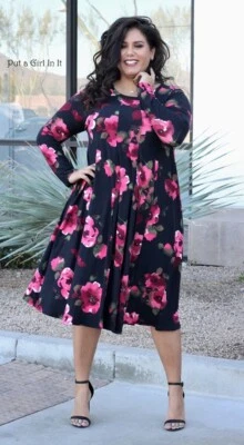Nuevo VESTIDO MIDI BOHO FLORAL NEGRO ROJO CON PANELES SUAVES TALLA PLUS EE. UU. para mujer 1x 2X Foto 1 de 4