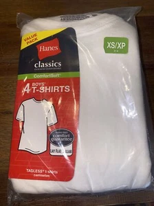 Hanes Boys' Size XS 2-4 White Crew Neck Tagless SS T-Shirts 4 Count Pack - Picture 1 of 2