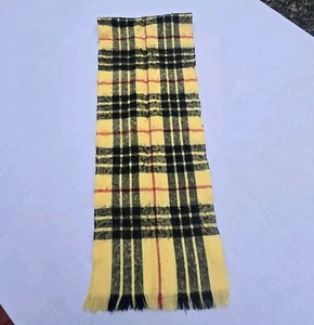 Vintage 1960s Plaid Wool Scarf Yellow Black Fringe Soft Preppy Academia 10x57" - Picture 1 of 11