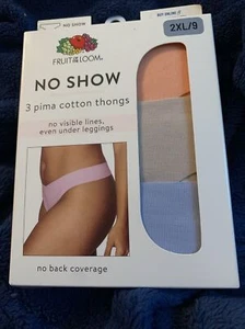 NWT 3 Pairs of No Show Pima Cotton Thong Panties Size 2XL/9 Fruit Of The Loom - Picture 1 of 2