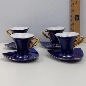 Yedi Clásico Juego de Platillos Taza de Té Café Azul Dorado Borde Porcelana Lote de 4 Elegantes - Imagen 1 de 7