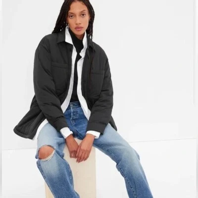 NWT GAP Oversized Recycled Puffer Shirt Jacket XXL 20 22 Black Shacket Pockets - Image 1 of 4