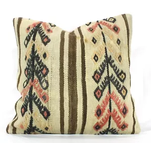 Decorative Turkish Beige Brown Kilim Pillow Cover 24" Vintage Large Kilim Pillow - Picture 1 of 9