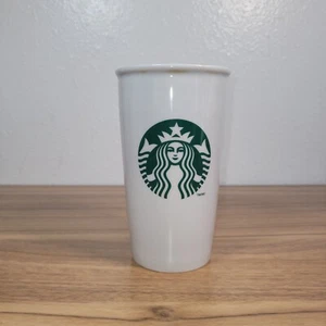 Starbucks Ceramic White Green Siren Logo Travel Tumbler Mug Cup 12 Oz w/ Lid - Picture 1 of 7